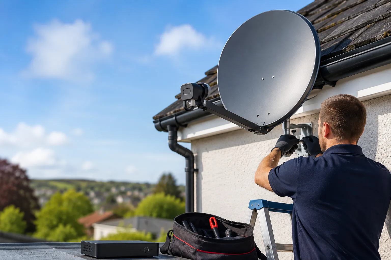 Freesat installation engineer fitting and checking satellite television equipment