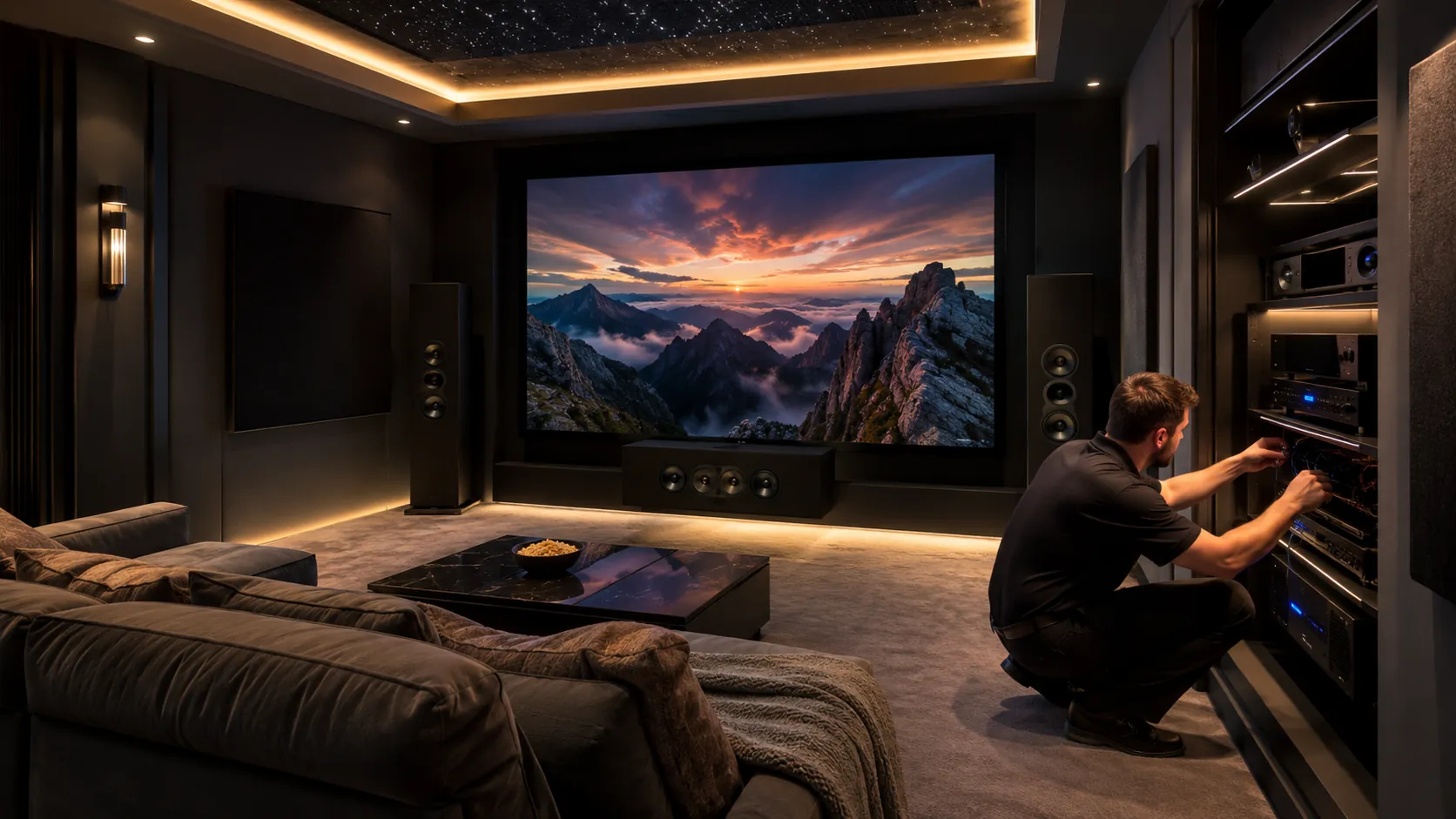Professional home cinema installation service with a large screen and entertainment equipment