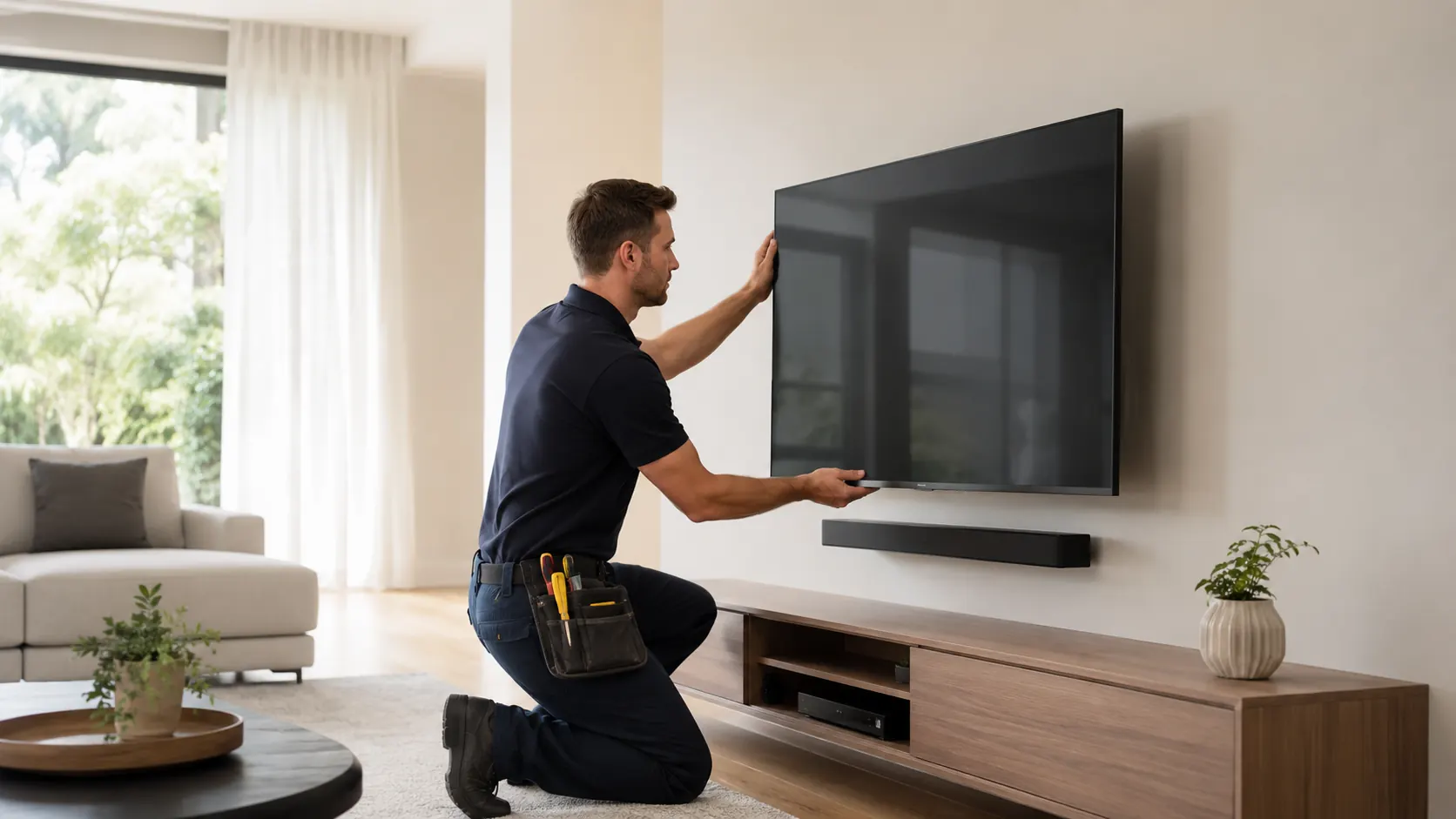 Professional TV wall mounting service with an engineer fitting a television securely